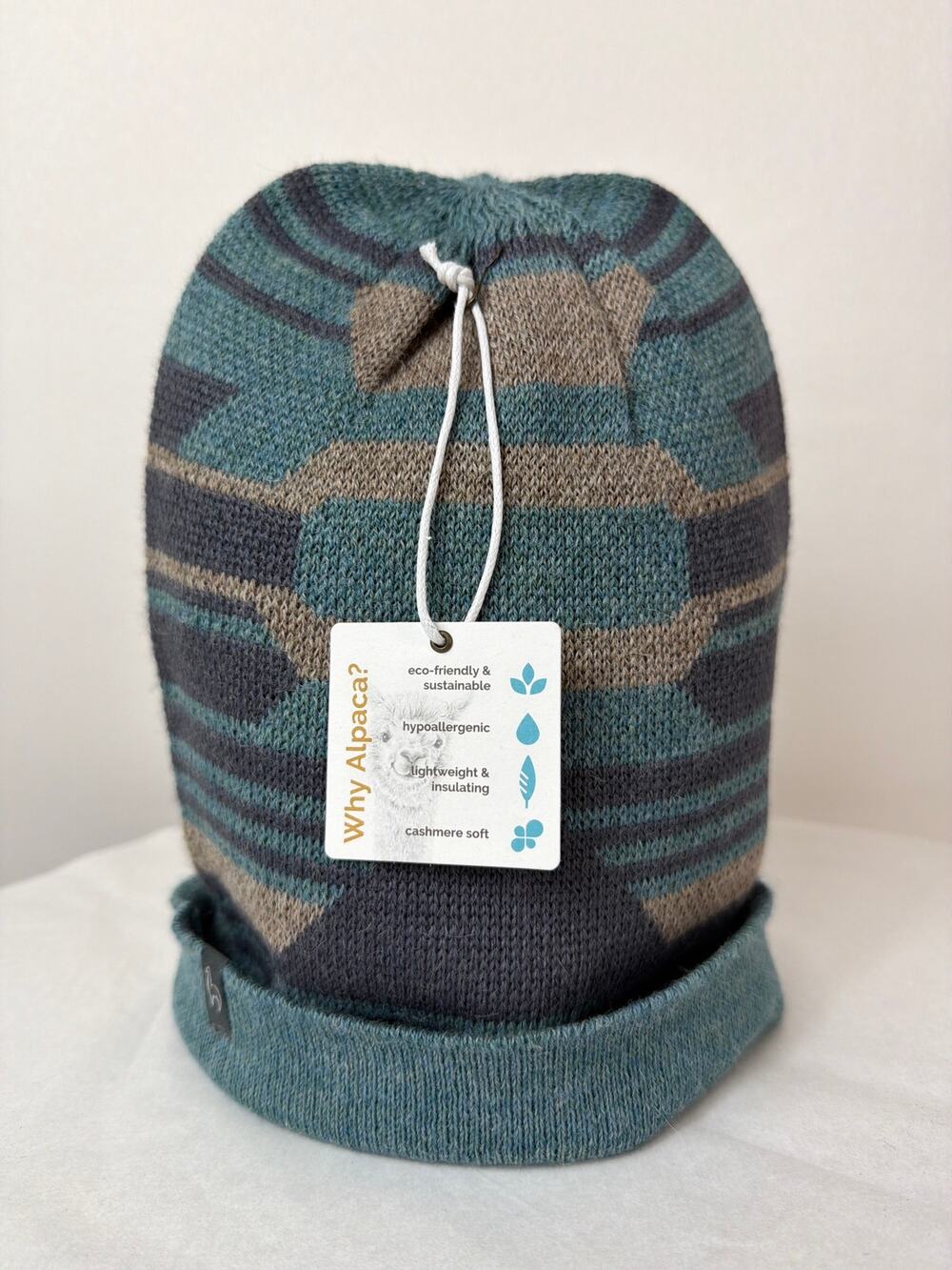 NWT Shupaca 100% Baby Alpaca Incan TEAL & GREY Beanie Hat Handmade PERU